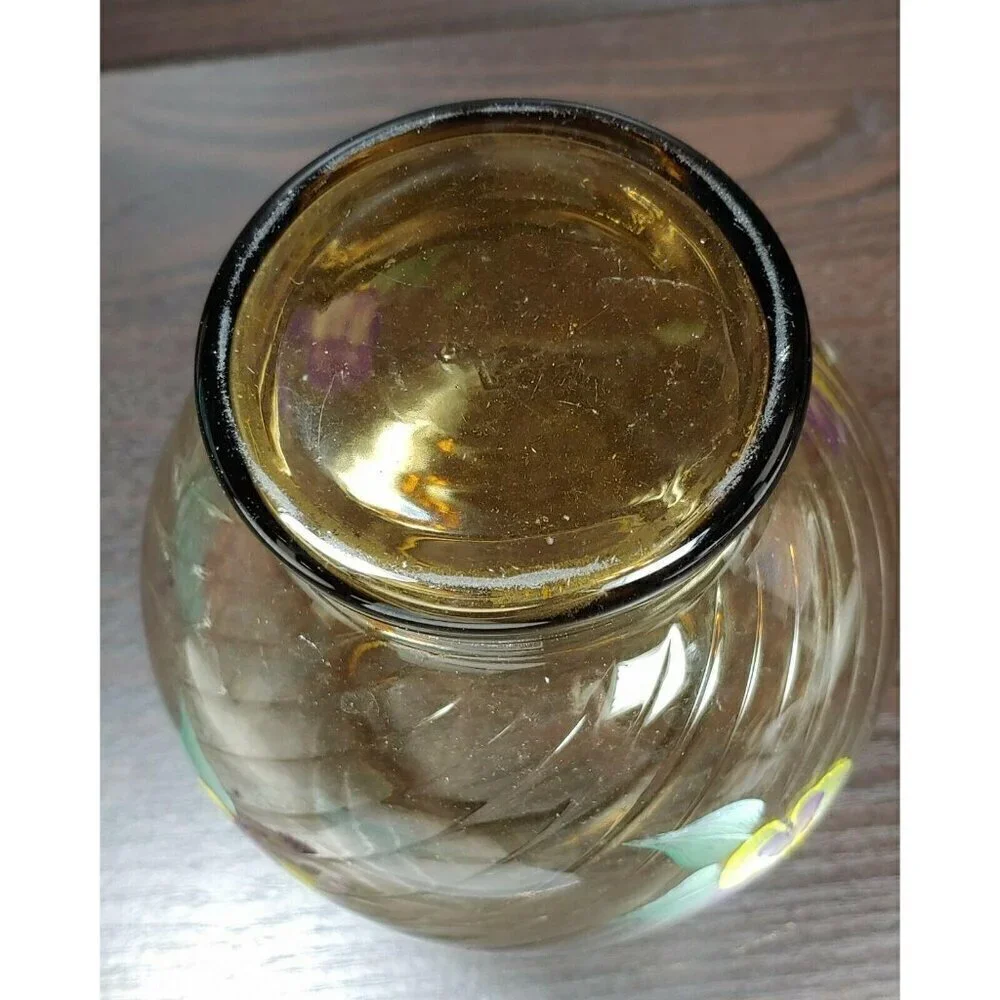 Hand Painted Floral Swirl Ribbed Gold Rim Brown Glass Vase Vintage Local Artist